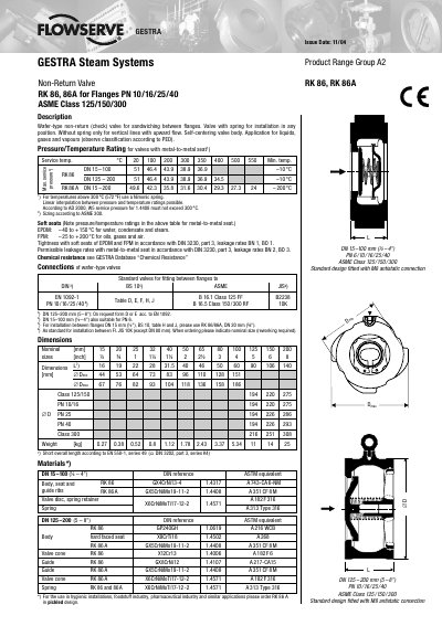 GESTRA RK 86, 86A Non-Return Valve Product Leaflet - cover page