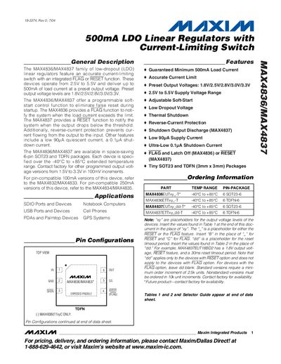 Maxim MAX4836/MAX4837 500mA LDO Linear Regulator Datasheet - cover page