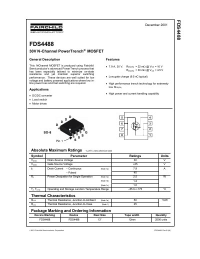 Fairchild FDS4488 30V N-Channel PowerTrench MOSFET Datasheet - cover page