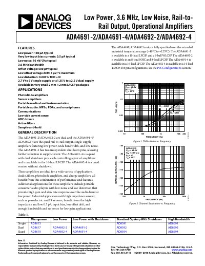 Analog Devices ADA4691-2/ADA4691-4/ADA4692-2/ADA4692-4 Low Power Operational Amplifiers Datasheet - cover page