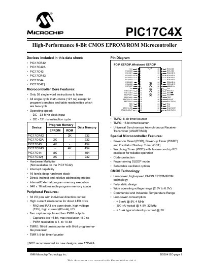 Microchip PIC17C4X Datasheet - cover page