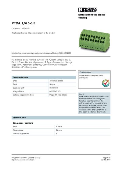 Phoenix Contact PTDA 1,5/5-3,5 Terminal Block Datasheet - cover page