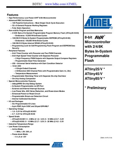 ATMEL ATtiny25/V * ATtiny45/V ATtiny85/V * * Preliminary handbook