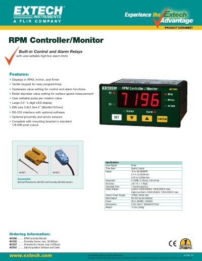 EXTECH 461960 ..........RPM Controller/Monitor 461955 ..........Proximity Sensor max. 36 000rpm 461957 ..........Photoelectric Sensor max. 6 000rpm 407001 ..........Data Acquisition Software Ca - cover page