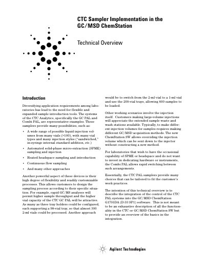 Agilent CTC Sampler Implementation in GC/MSD ChemStation Manual - cover page