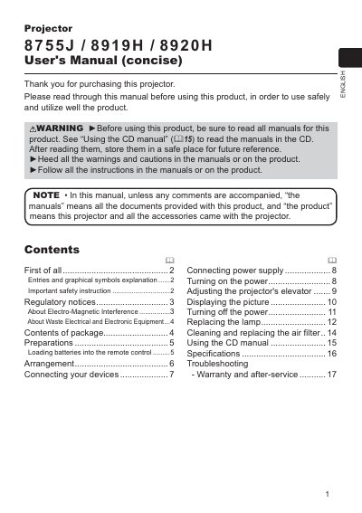 8755J 8919H 8920H Projector user manual - cover page