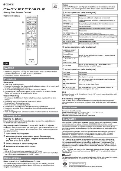 SONY PS3 Blu-ray Disc Remote Control Manual - cover page