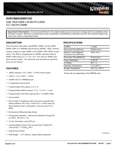 ValueRAM KVR1066D3S8N7/2G DDR3 Memory Module Datasheet - cover page