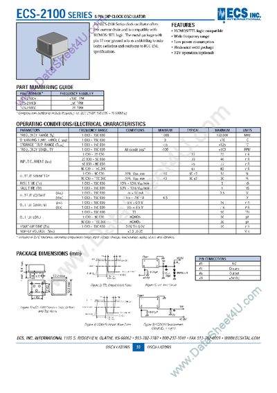 ECS ECS-2100 Series Clock Oscillator Part Numbering Guide - cover page