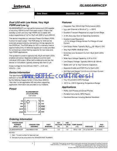 Intersil ISL9000AMRNCEP Dual LDO Data Sheet - cover page