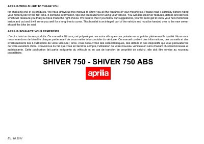 Aprilia SHIVER 750/ABS Owner's Manual