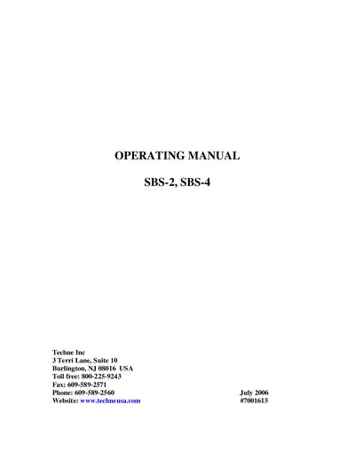 Techne SBS-2 & SBS-4 Fluidized Bath Operating Manual - cover page