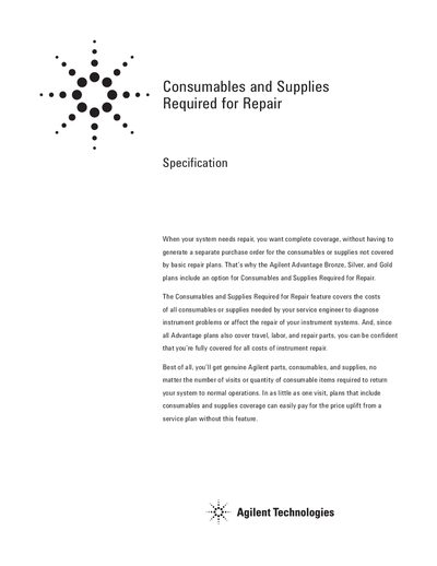 Agilent Consumables and Supplies Required for Repair List - cover page