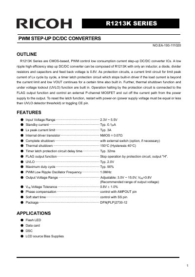 RICOH R1213K Series PWM Step-Up DC/DC Converters Datasheet