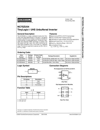 Fairchild NC7SZU04 TinyLogic UHS Unbuffered Inverter Datasheet - cover page