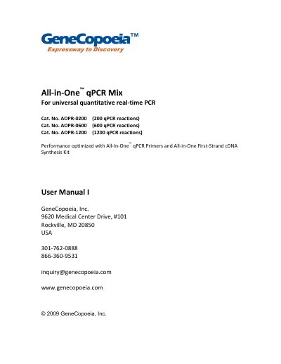 GeneCopoeia AOPR-0200/0600/1200 All-in-One™ qPCR Mix User Manual - cover page