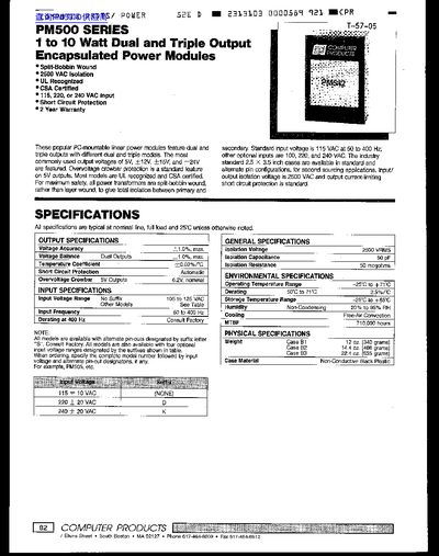 Computer Products PM500 Series Encapsulated Power Modules Datasheet - cover page