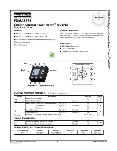Fairchild FDMA8878 Single N-Channel Power Trench MOSFET Datasheet - cover page