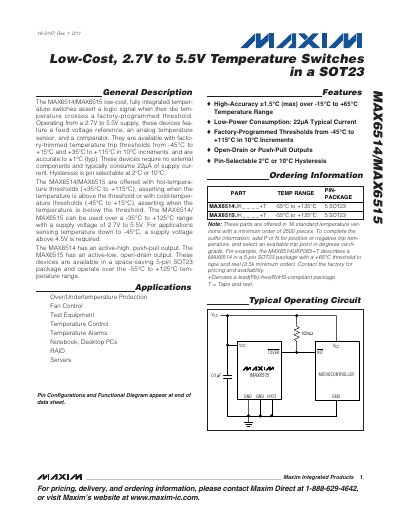Maxim Integrated MAX6514/MAX6515 Temperature Switch Datasheet - cover page
