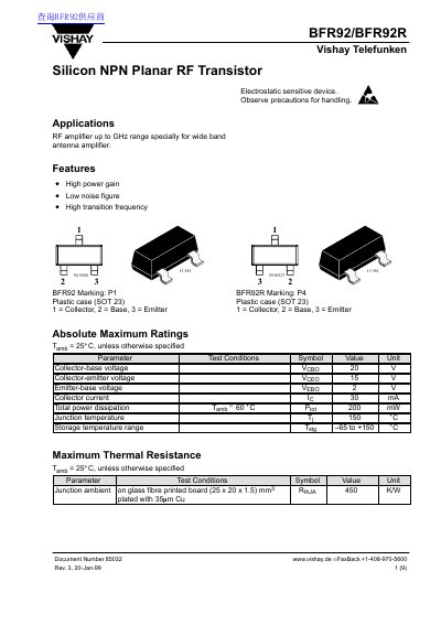 Vishay BFR92/BFR92R Silicon NPN Planar RF Transistor Datasheet - cover page
