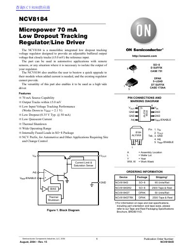 ON Semiconductor NCV8184 Micropower Low Dropout Tracking Regulator Datasheet - cover page