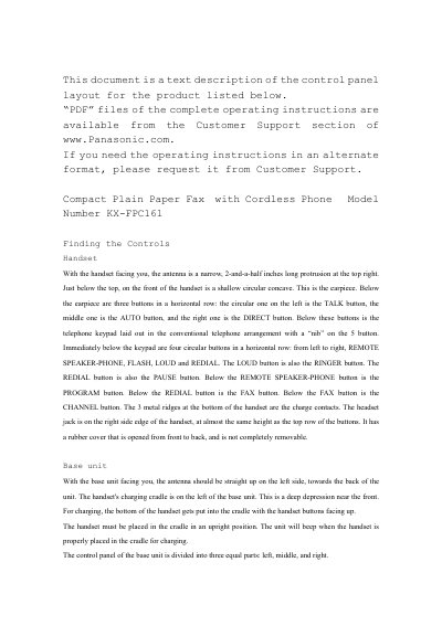 Panasonic KX-FPC161 Compact Plain Paper Fax with Cordless Phone Finding the Controls - cover page