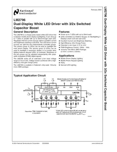 NATIONAL SEMICONDUCTOR LM2796 Dual-Display White LED Driver with 3/2x Switched Capacitor Boost Manual - cover page