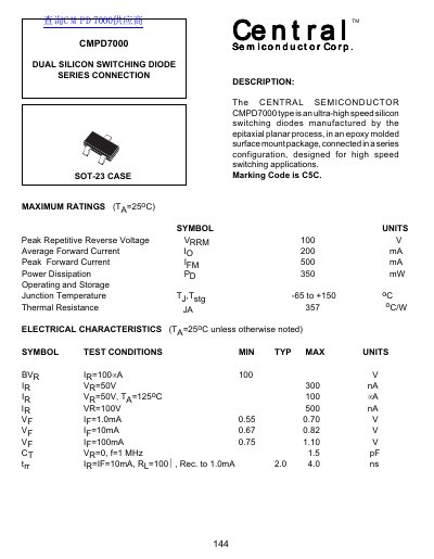 Central Semiconductor CMPD7000 Dual Silicon Switching Diode Series Connection Datasheet - cover page