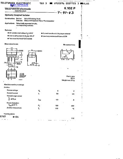 Telefunken K102P Optically Coupled Isolator Datasheet - cover page