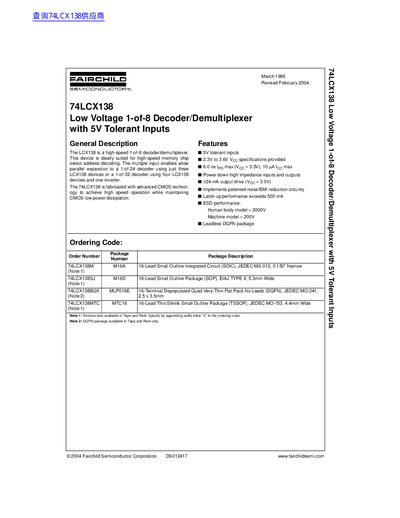 Fairchild Semiconductor 74LCX138 Low Voltage 1-of-8 Decoder/Demultiplexer Datasheet - cover page