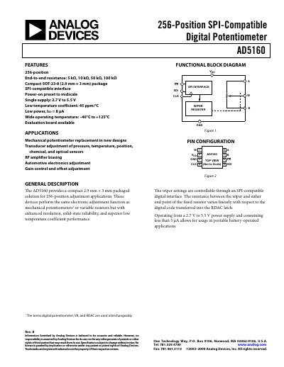 Analog Devices AD5160 Digital Potentiometer Datasheet - cover page
