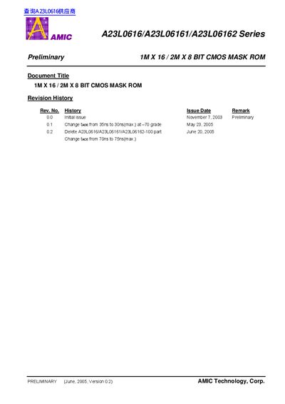 AMIC A23L0616/A23L06161/A23L06162 Series CMOS Mask ROM Datasheet - cover page