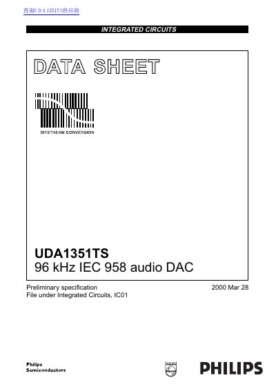 Philips UDA1351TS 96 kHz IEC 958 Audio DAC Datasheet - cover page