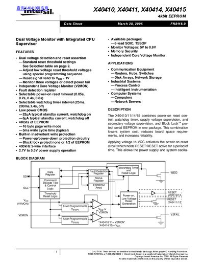 Intersil X40410/X40411/X40414/X40415 4kbit EEPROM Datasheet - cover page