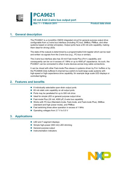 NXP PCA9621 65 mA 8‑bit 2‑wire Bus Output Port Datasheet - cover page