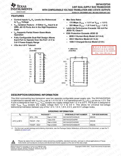 Texas Instruments SN74AVC8T245 8‑Bit Dual‑Supply Bus Transceiver Datasheet - cover page