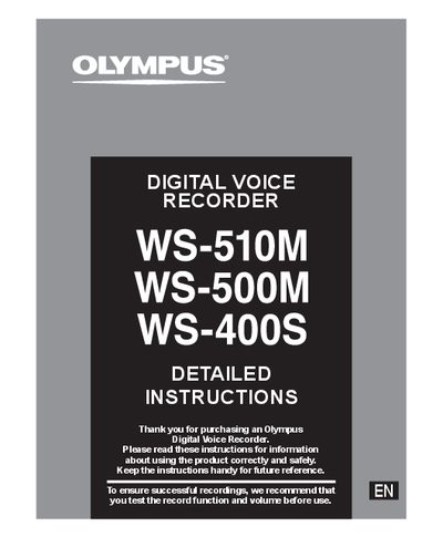 Olympus WS-510M/WS-500M/WS-400S Digital Voice Recorder Instructions - cover page