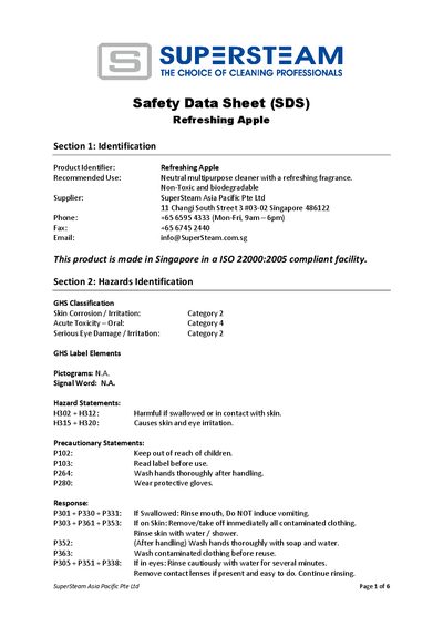 SuperSteam Refreshing Apple Safety Data Sheet - cover page