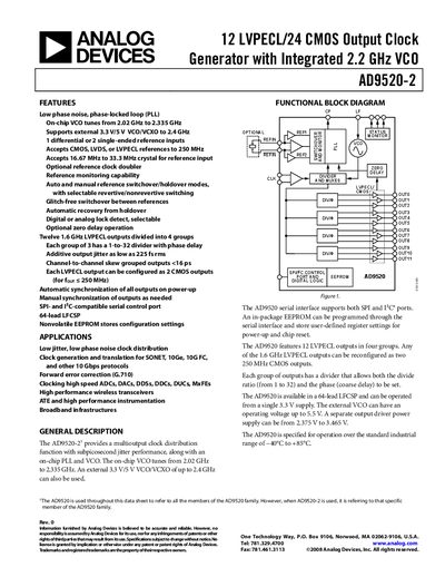 Analog Devices AD9520-2 Clock Generator Datasheet - cover page
