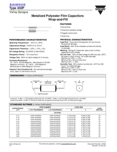 Vishay 430P Metalized Polyester Film Capacitors Wrap‑and‑Fill Datasheet - cover page