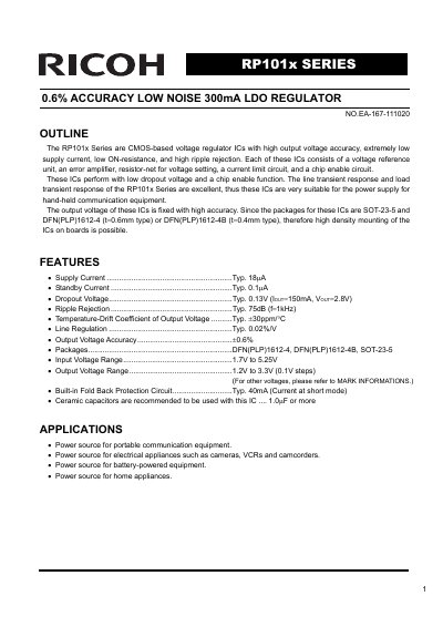 Ricoh RP101x Series 0.6% Accuracy Low Noise 300mA LDO Regulator Datasheet