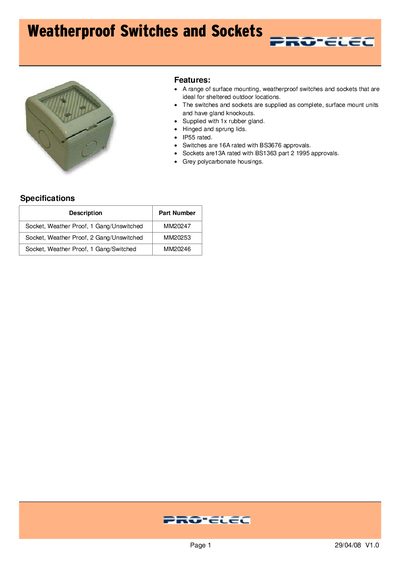 Pro-Elec MM20247/MM20253/MM20246 Weatherproof Socket Datasheet - cover page