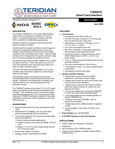 Teridian 73S8023C Smart Card Interface Data Sheet - cover page