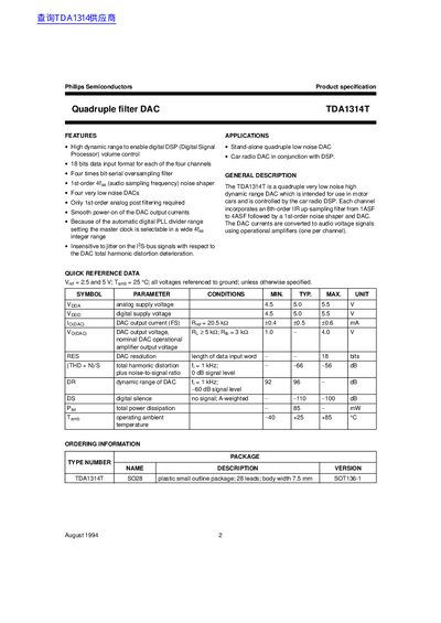 Philips Semiconductors TDA1314T Quadruple Filter DAC Datasheet - cover page