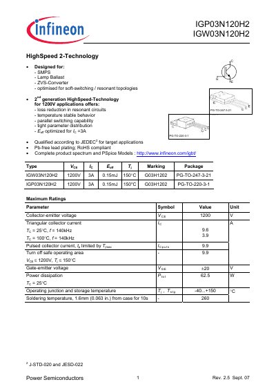 Infineon IGP03N120H2 / IGW03N120H2 Power Semiconductor Datasheet - cover page