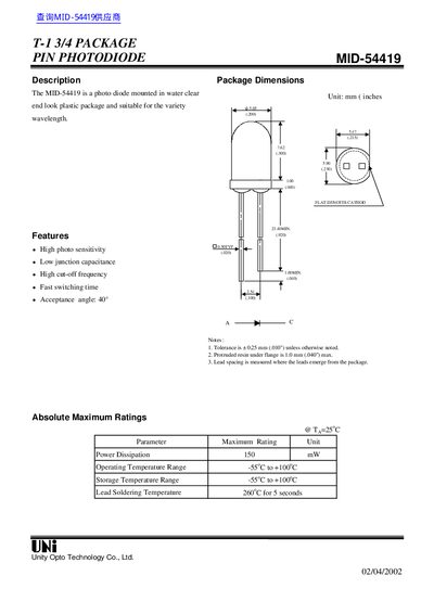 Uni MID-54419 Photodiode Datasheet - cover page
