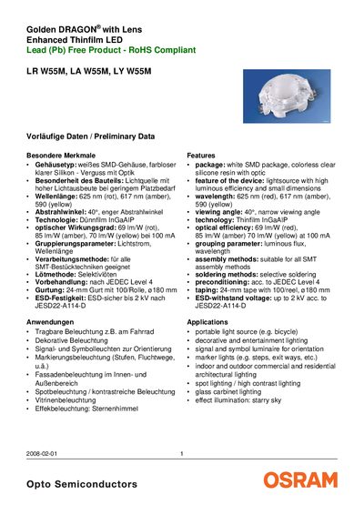 OSRAM W55M LED Product Data Sheet - cover page