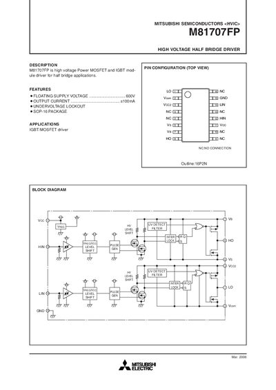 Mitsubishi M81707FP High Voltage Half Bridge Driver Datasheet - cover page
