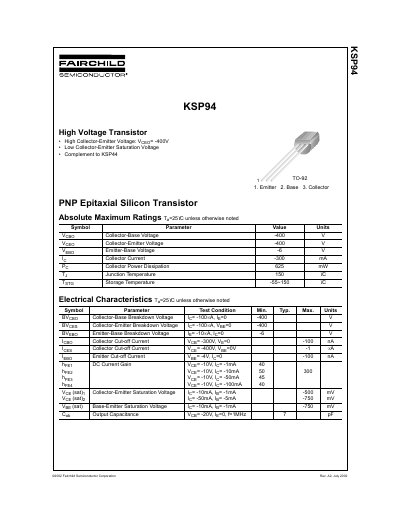 Fairchild Semiconductor KSP94 PNP Epitaxial Silicon Transistor Datasheet - cover page