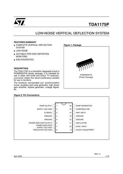 STMicroelectronics TDA1175P Low-Noise Vertical Deflection System Datasheet - cover page